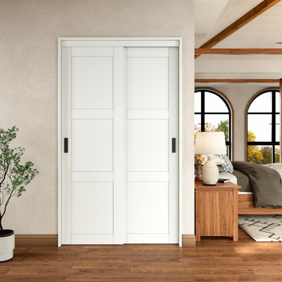 80" White Primed 1-Panel Or 3-Panels Closet Sliding Door With Hardware Kit & Handles