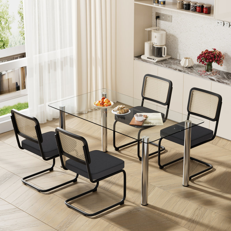63in Rectangle Glass Top Dining Set with Chairs, Black, 5