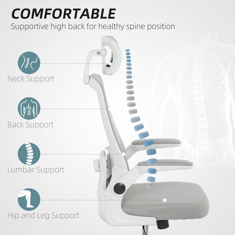 Ergonomic Office Chair, High Back Desk Chair with Flip-up Armrest, Rotatable Headrest, Tilt Function, Adjustable Lumbar Support, Swivel Wheels, Mesh Computer Chair for Home Study, Black
