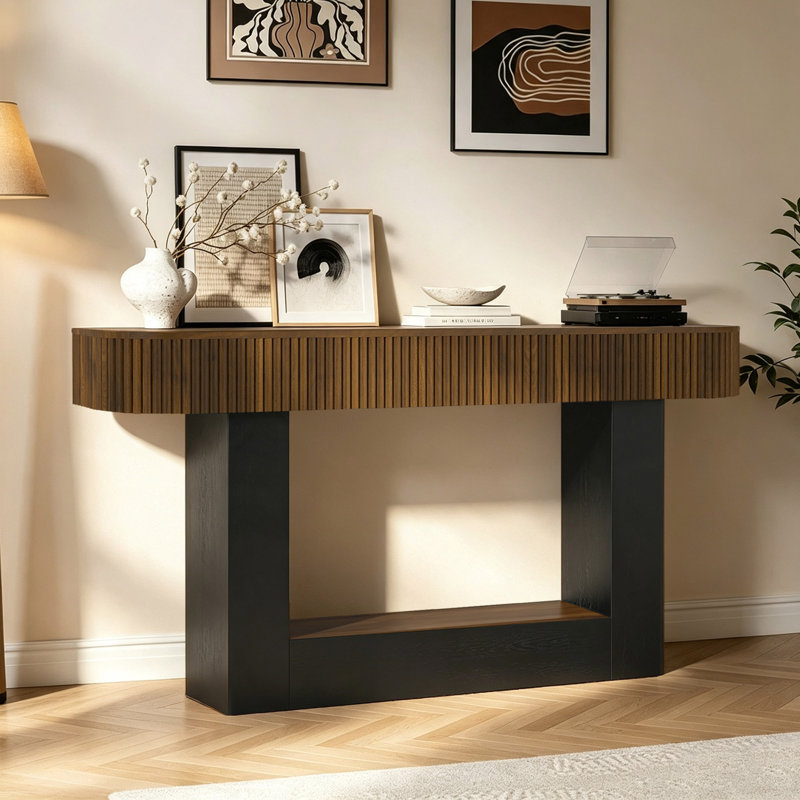 Console en bois massif cannelé 62,9 "Mid-Century, Black/Brown
