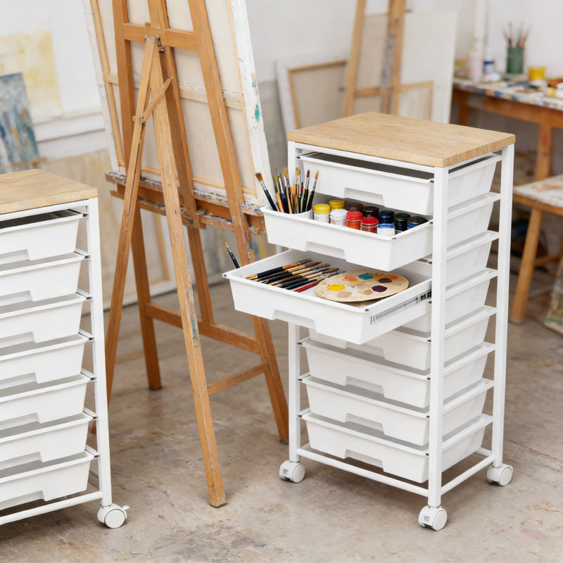 Chariot de rangement roulant à 8 tiroirs avec roues verrouillables et plateau de table en bois - Organisateur mobile pour salle d'artisanat, bureau, salle de classe et maison