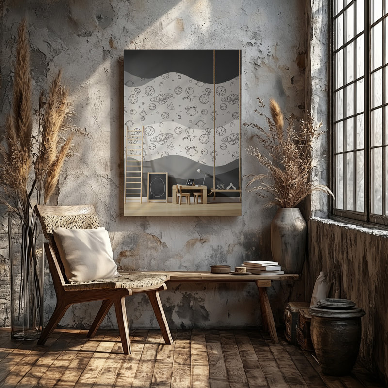 Toile, chambre d’enfant fantaisiste avec art mural, illustrations de l’espace dessiné dans des tons de gris doux représentant des planètes, art mural