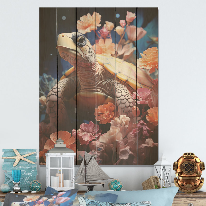 Romantisme, tortue I, art mural sur bois de pin naturel, H 20 po x l 10 po