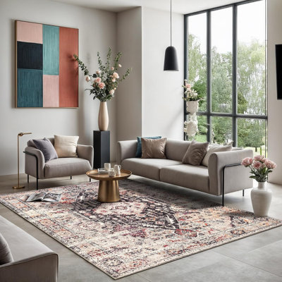 GLN Rugs Collection Vintage - tapis lavable à la machine, tapis lavable rétro, tapis antidérapant, tapis de salon à poils courts, tapis de chambre à coucher, tapis de salle de bain - facile à nettoyer (tapis multicolore)