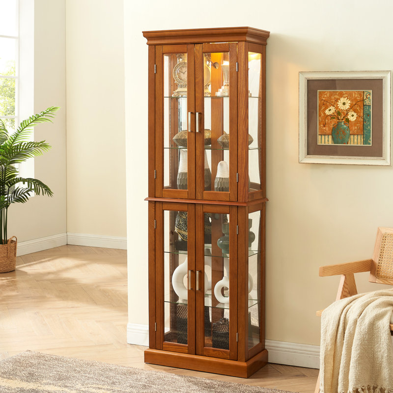 6 Tier Curio Cabinet In Oak With Mirrored Back & Magnetic Hardware Display 4 Adjustable Glass Shelves, Oak