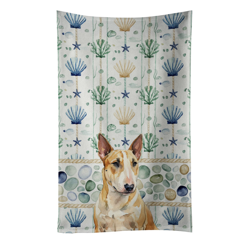 Miniature Bull Terrier Coastal Sea Glass Kitchen Towel, Miniature Bull Terrier