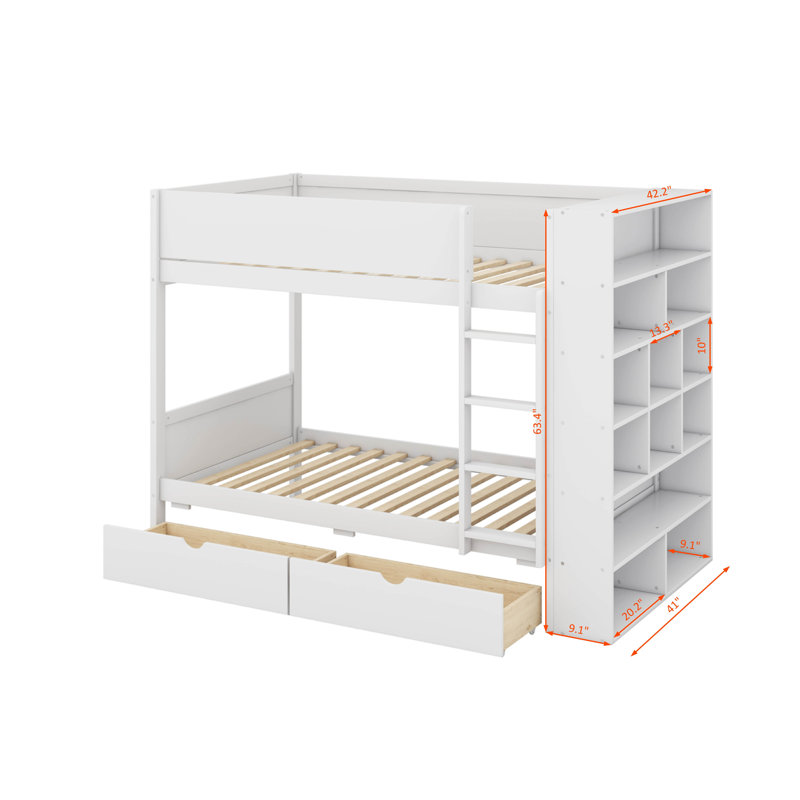 Lit superposé simple au-dessus de simple avec tiroirs et armoire, Blanc