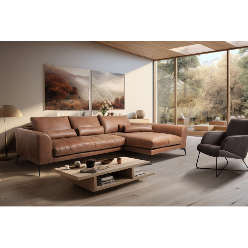 Houston Full Grain Leather Corner Sofa, Light Brown, Right Hand Facing