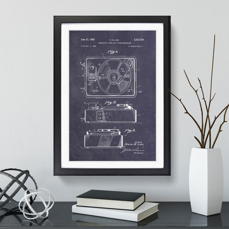 Record Player Patent Dark - Picture Frame Graphic Art, 36cm H x 27cm W x 2cm D, Black Framed