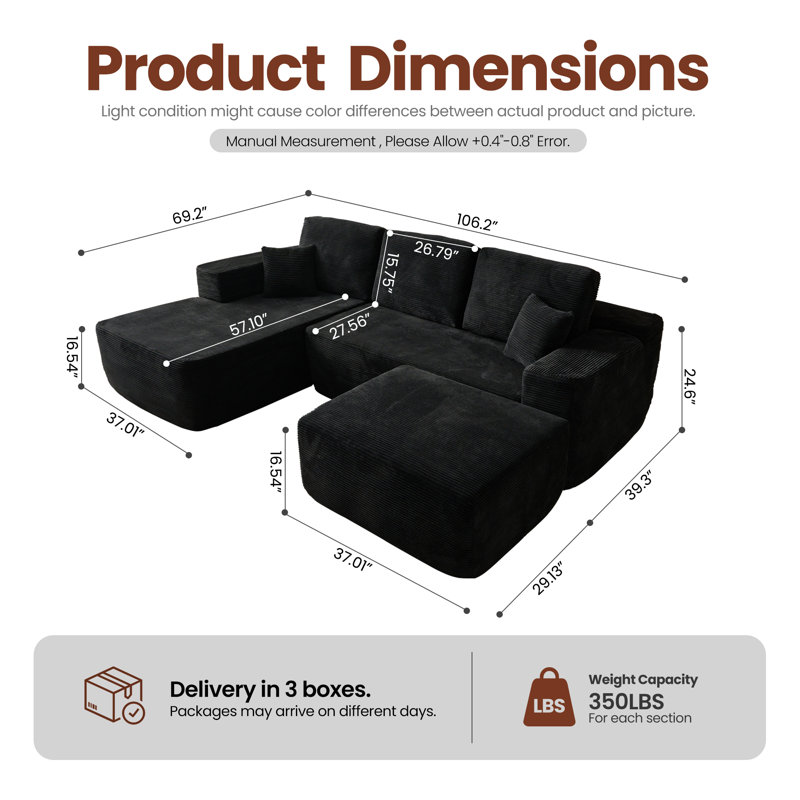 106" Upholstered Boneless Cloud Sectional Couch, L-shape Modern Modular Sofa With Ottoman For Living Room Bedroom