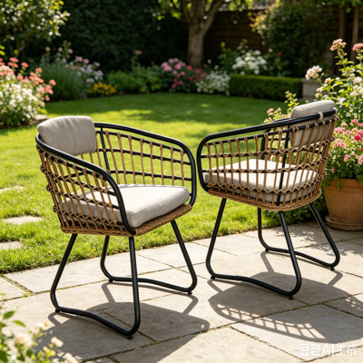 Chaises de salle à manger d'extérieur en osier Ashville avec coussins, fauteuils en rotin