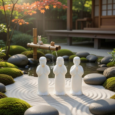 Ensemble de 3 sculptures décoratives moine, statue en résine blanc mat