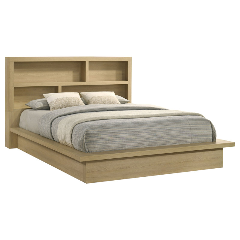 Hendricks California King Bookcase Platform Bed with Open Cubbies and USB-A/USB-C Ports, Light Oak, California King
