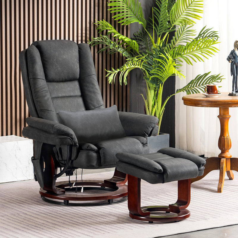 Faux Leather Recliner Chair with Massage and Ottoman, 360 Degree Swivel, Removable Lumbar Pillow, Dark Gray