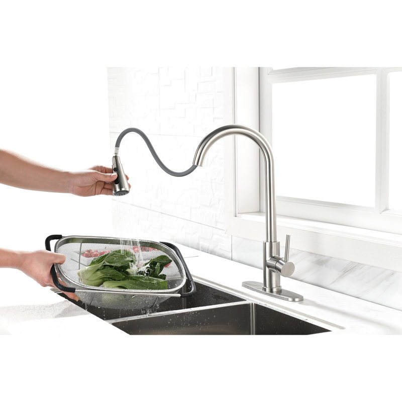 Brushed Nickel Kitchen Faucet With Pull Out Function - High Arc Single Handle Stainless Steel Sink Tap For Efficient Use Level 360 Rotating Nozzle