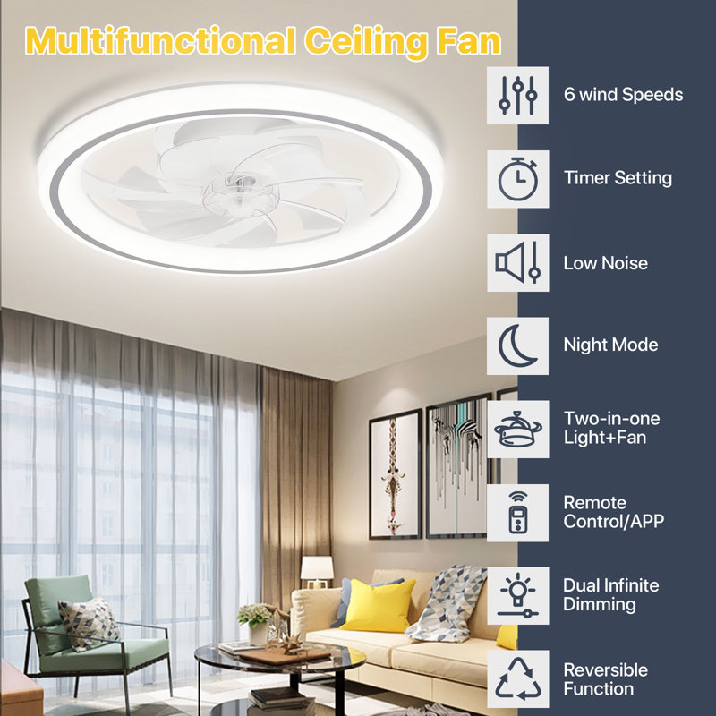 Ventilateur de plafond avec télécommande, température de couleur à 3 DEL, moteur CA silencieux à 6 vitesses, réglage de la minuterie, luminosité réglable