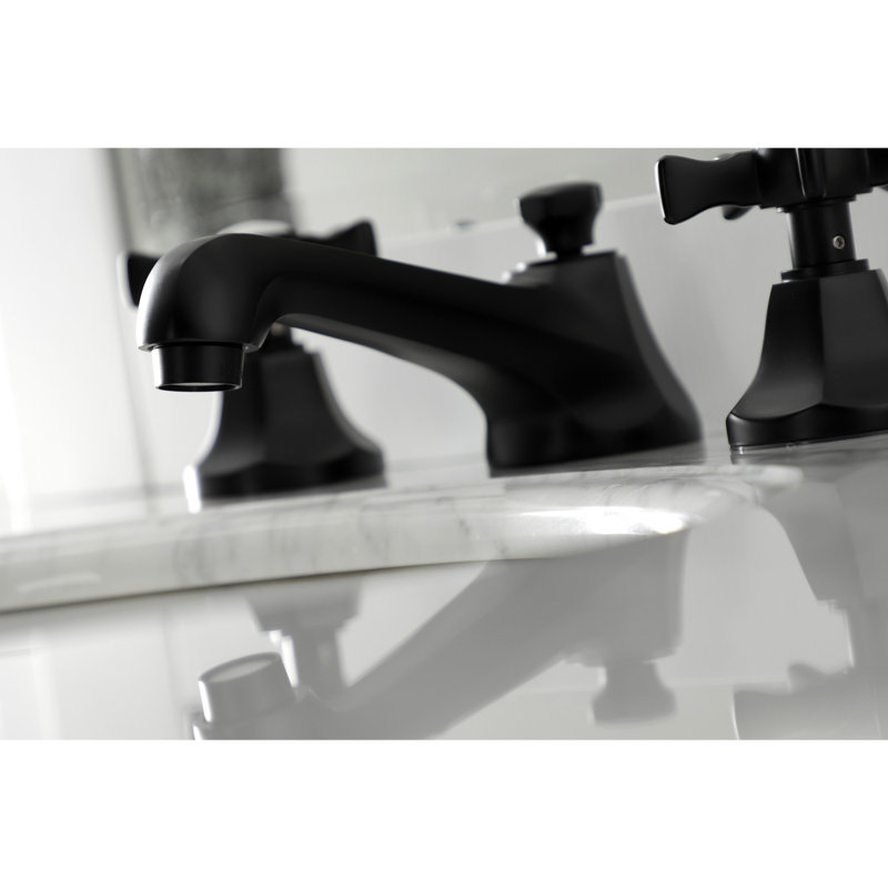 Kingston Brass Hamilton Two-Handle 3-Hole Deck Mount Widespread Bathroom Faucet with Brass Pop-Up Drain, Matte Black, Lever