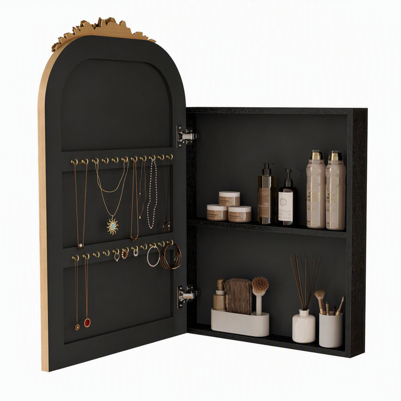 Armoire à pharmacie murale vintage en forme d'arche avec miroir, étagère réglable et crochets à bijoux