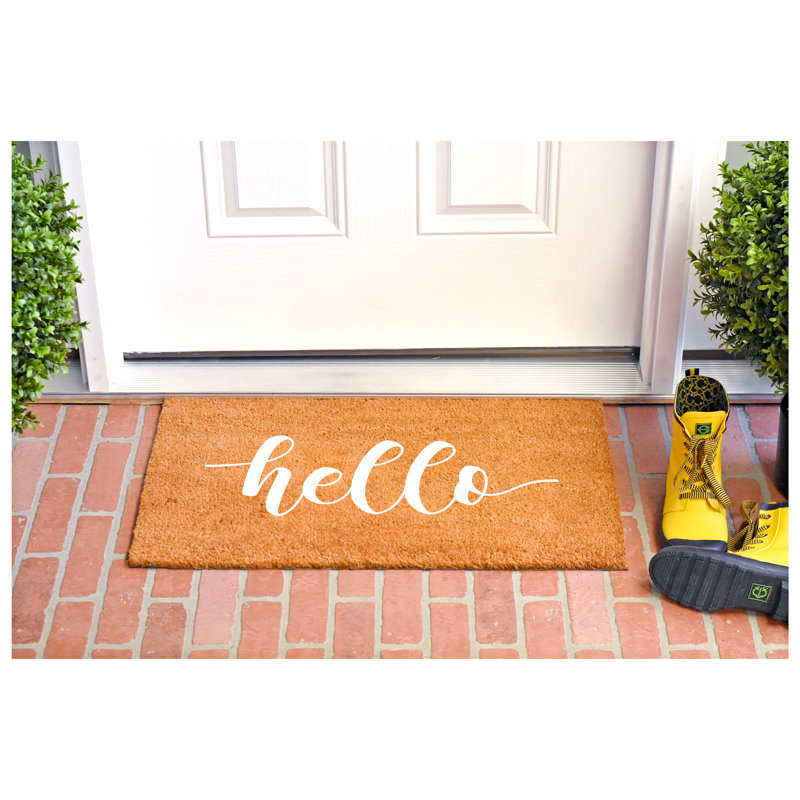 Hello Script Non-Slip Indoor Outdoor Door Mat, White, 36" W x 72" L