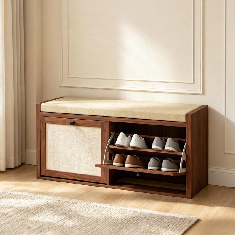 Banc de rangement pour chaussures avec siège rembourré et portes en rotin
