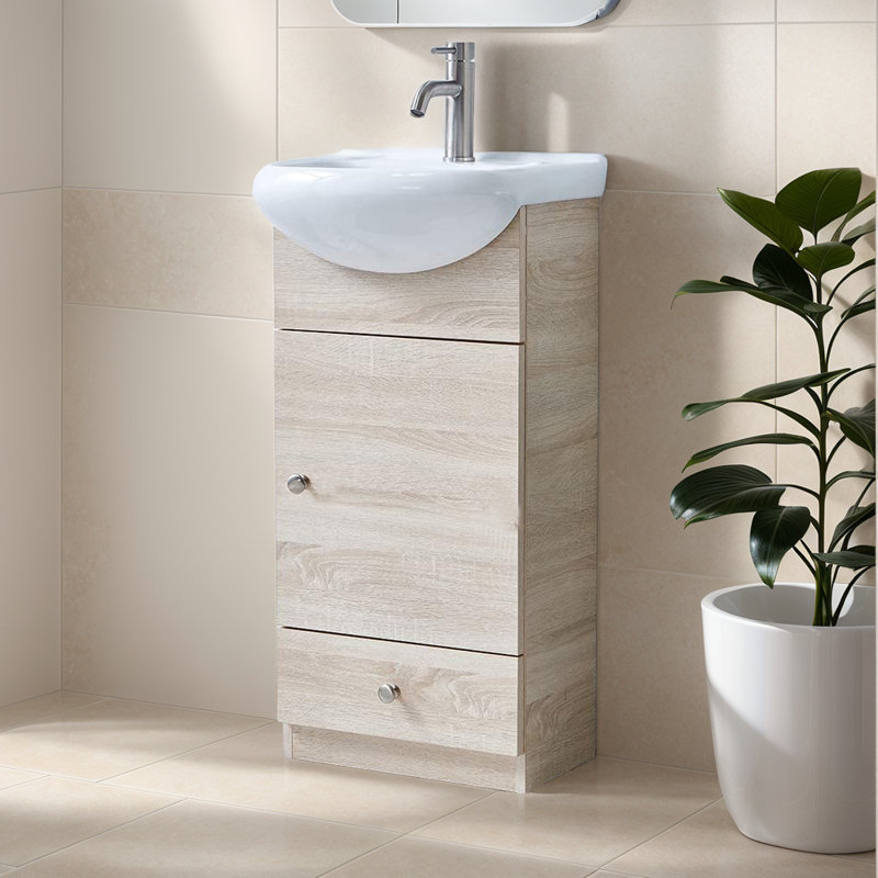 18" Mini Single Bathroom Vanity With Ceramic Top, Yellow Wood Grain