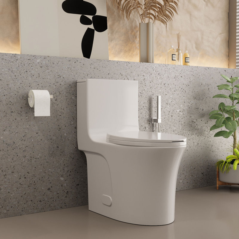 One-Piece 0.8/1.28 GPF Dual Flush Elongated Toilet In Seat Included, Glossy White