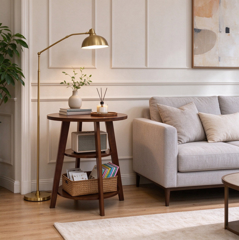 Table d'appoint en bois d'hévéa massif, table de chevet ronde à 3 niveaux, présentoir polyvalent pour le balcon de la chambre du salon