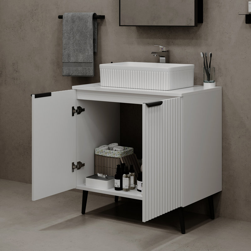 Meuble-lavabo de 30 po, meuble-lavabo cannelé blanc avec lavabo et comptoir, meuble-lavabo autoportant moderne avec 2 portes à fermeture douce, poignées en métal (meuble-lavabo 30)