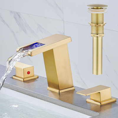 Robinet de salle de bain à DEL à large entraxe - lavabo cascade en or brossé à 3 trous de 8 pouces avec poignées doubles pour meuble-lavabo