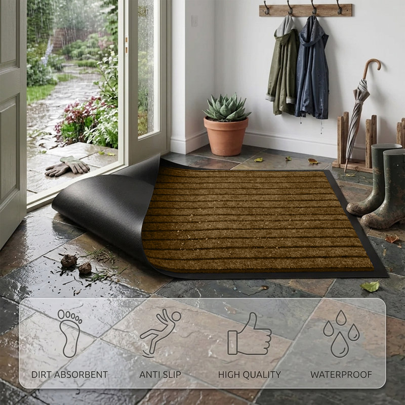 NON-SLIP RUBBER DOOR MAT - INDOOR/OUTDOOR USE, Brown, 60cm W x 90cm L