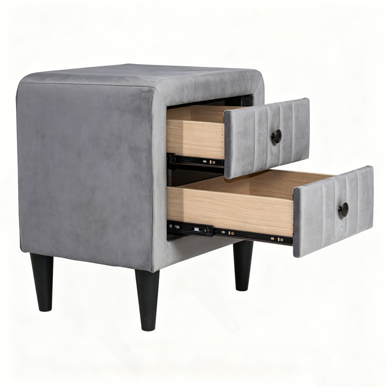 Table de chevet 2 tiroirs en velours gris avec rangement, table de chevet moderne avec structure en bois et pieds noirs, table de bout compacte de 20 po de largeur