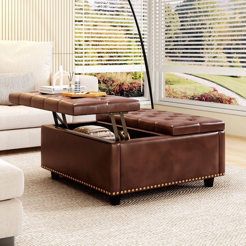 Mid-century Coffee Table with Nailhead Inlay,Modern Storage Stool with 2 Storage Doors, Brown