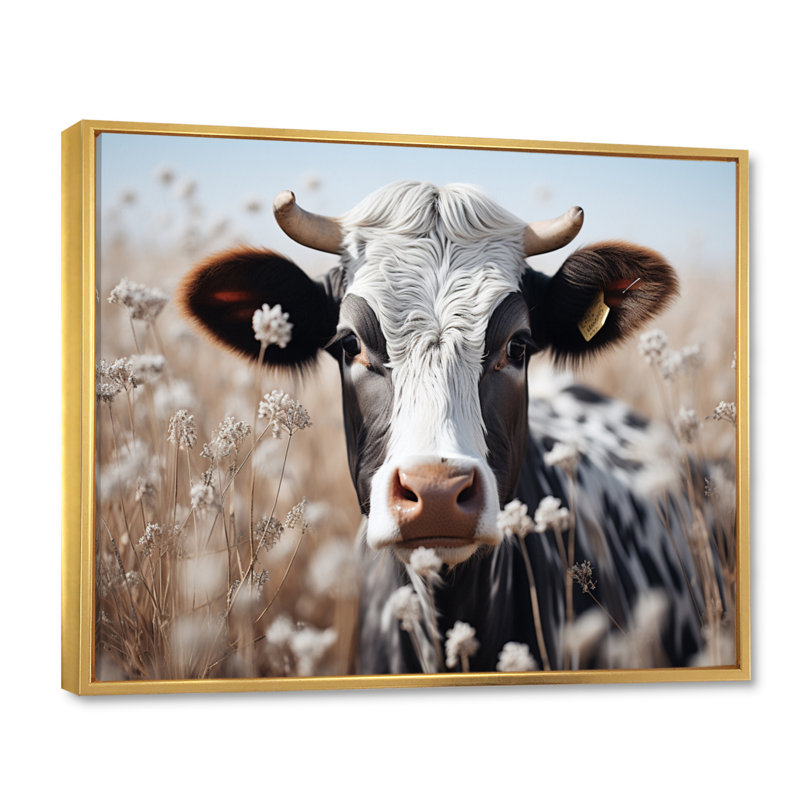 Vache fleur pâturée, reproduction d'art sur toile, H 12 po x l 20 po x P 1 po, Cadre flottant doré