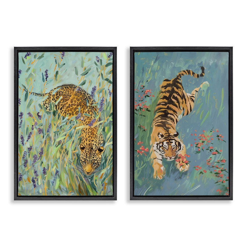 Ensemble de 2 cadres flottants Prowling Tiger & Leopard Habitats, design par Amanda Tsoukanelis, Cadre flottant noir de jais