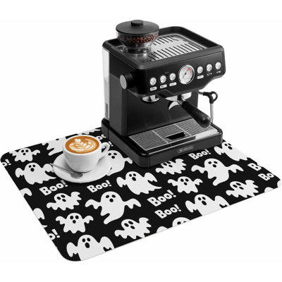 Coffee Mat,Coffee Maker Pad Halloween Ghost Boo Text Absorbent Non-slip Coffee Bar Accessories Dish Drying Mat for Kitchen Counter,Horror Black White, 20 x 32 in