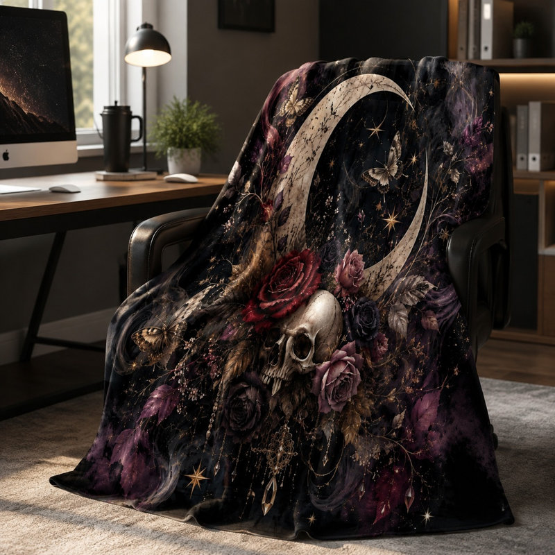 Couverture en peluche imprimée de crânes gothiques, lune et roses, parure de lit artistique à motif floral sombre pour canapé, chambre, salon et décoration intérieure