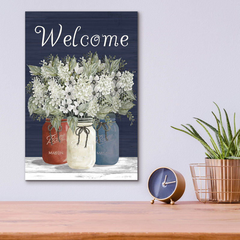 Art mural en verre acrylique 12 po x 16 po «Welcome Red, White & Blue Jar Trio» par Cindy Jacobs