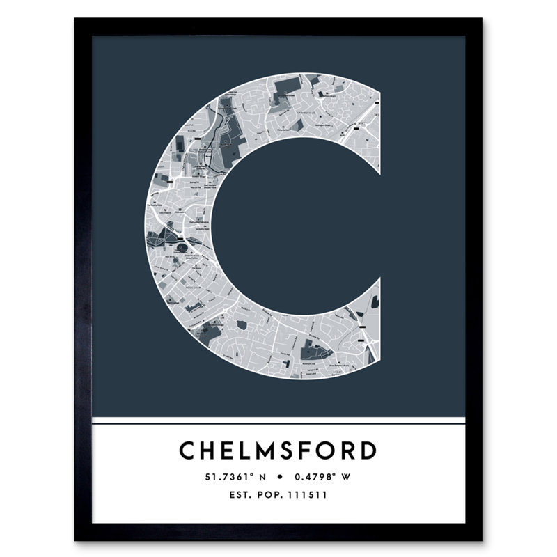 Chelmsford City Map Chelmsford Teal 1 Piece Single Picture Frame Wall Art, Navy