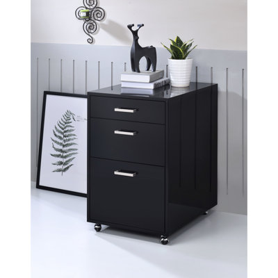 Classeur noir avec 3 tiroirs - Surface et détails ultrabrillants, 18 po x 22 po x H 28 po, sans assemblage, 62 lb, roulettes pour des mouvements rectangulaires sans couture, installés