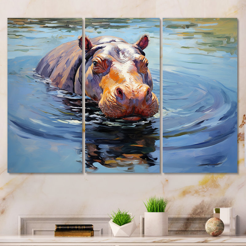 «Curious Water Hippo - Hippopotamus», art mural, Toile tendue, H 32 po x l 48 po