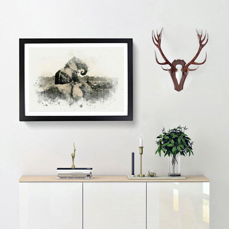 Two Elephants in Abstract - Picture Frame Graphic Art Print, 36cm H x 48cm W x 2cm D, Black Framed