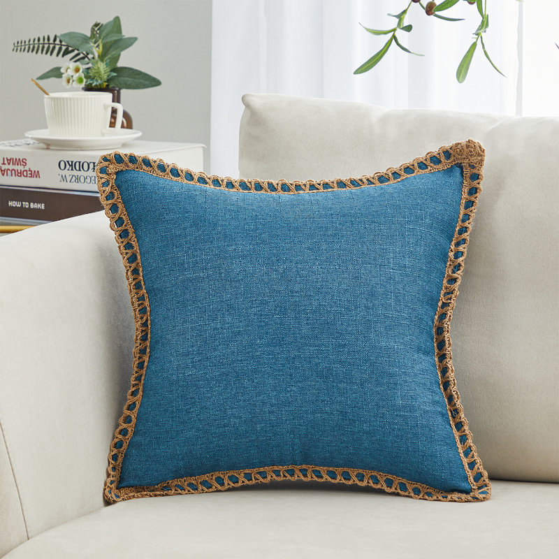 Cotton Linen Fringed Cotton Reversible Pillow Cover, Blue