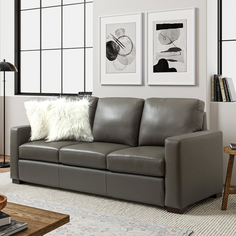 Fournier 83.46'' Genuine Leather Square Arm Sofa with Pillows, Dove Genuine Leather