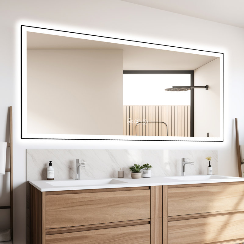 Miroir de salle de bain intelligent 84 x 32 pouces avec éclairage à intensité variable, température de couleur 3000K, 4500K ou 6000K, brouillard intégré, commande directe par interrupteur mural, miroir de longue durée, luminosité réglable, 3