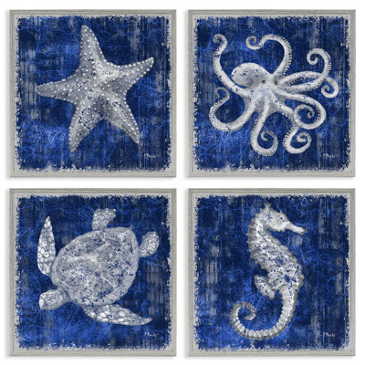  «Sea Life on Abstract Blue», ensemble de 4 giclées par Paul Brent