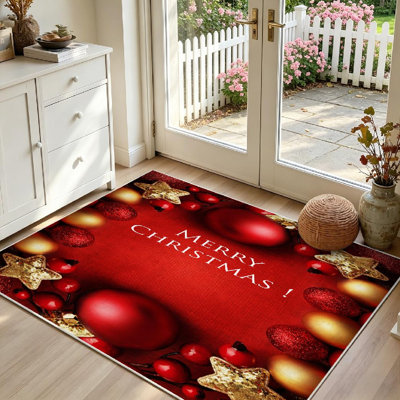 Red Machine Washable,Christmas Gold Xmas Ornaments Shiny Indoor Area Rug