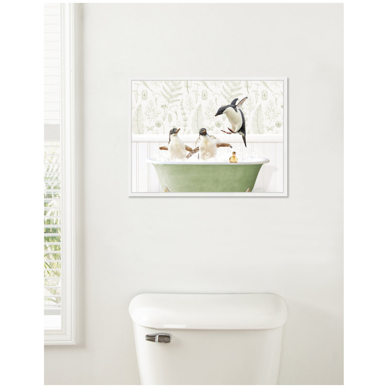 Penguins in Fern Bath by Amy Peterson Framed Canvas Wall Art Print
