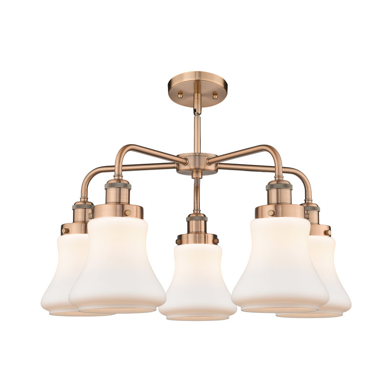 Lustre suspendu 5 lumières 24 po Bhanupriya, Blanc mat, Cuivre antique