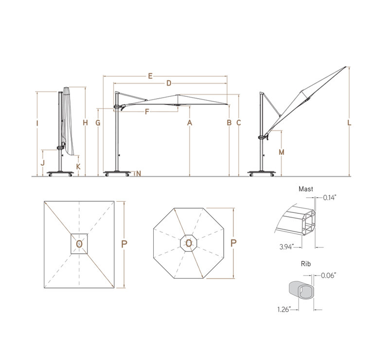 252'' W Sunbrella® Cantilever Umbrella, Alu Teak, Charcoal, Canvas Aruba Sunbrella® Canvas