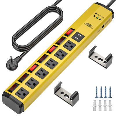 CRST Surge Protector Power Strip Individual Switches 6 Outlets with Dual USB (3.4A), Flat Plug 6FT 14AWG/ 3C Heavy Duty Extension Power Cord, 1200J